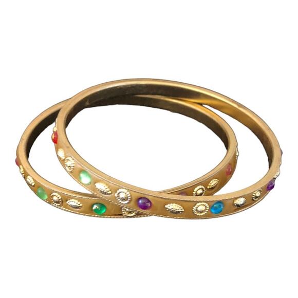 Two Multicolored Rhinestone Gold Stones Bangle Bracelets - Picture 5 of 16